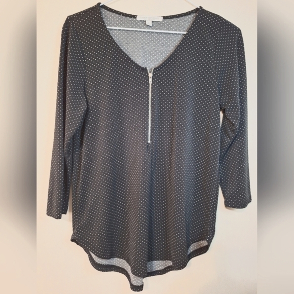 🇺🇸 Green Envelope Los Angles sm 3/4 sleeve 1/4 zip black white Polka-dot top - Picture 1 of 4